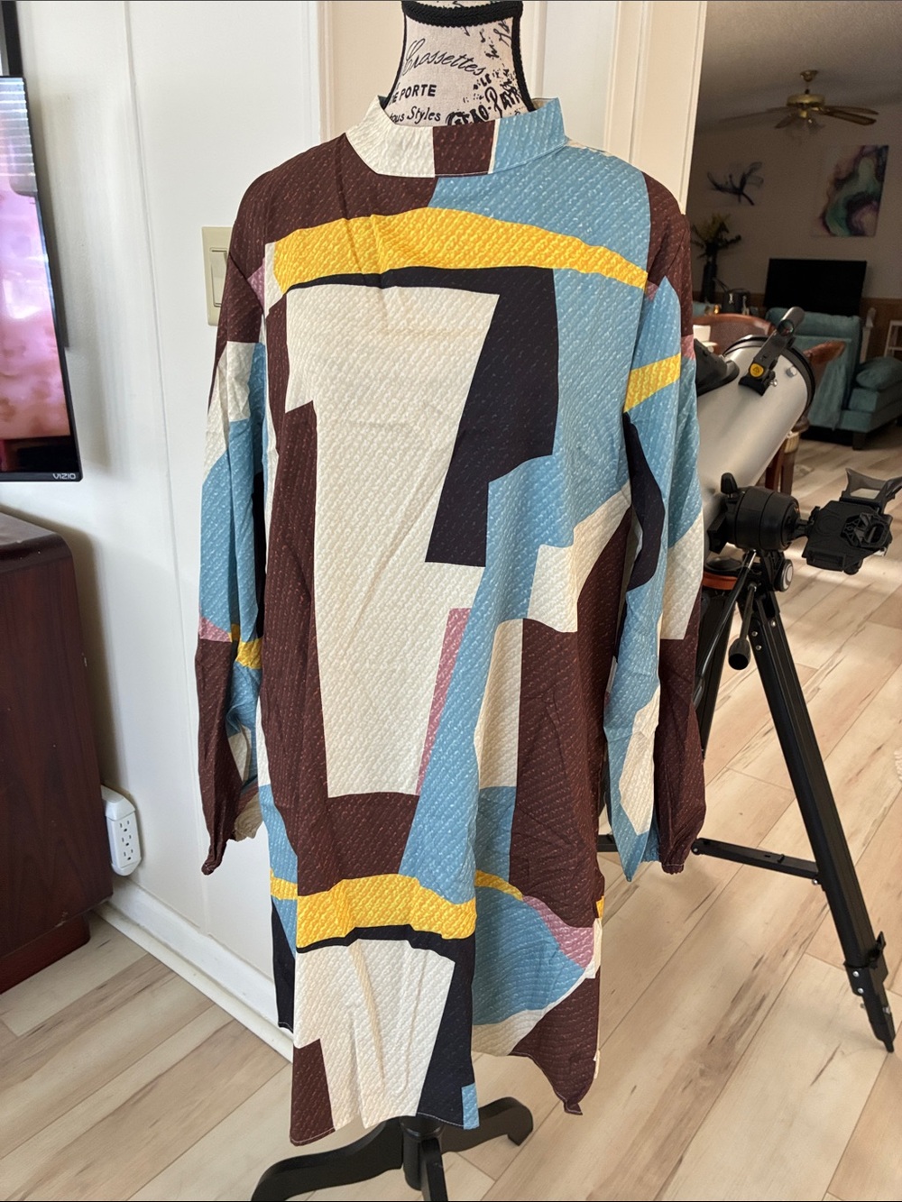 Abstract Colorblock Tunic Dress in Brown, Blue, Cream & Yellow nwt Sz XXL